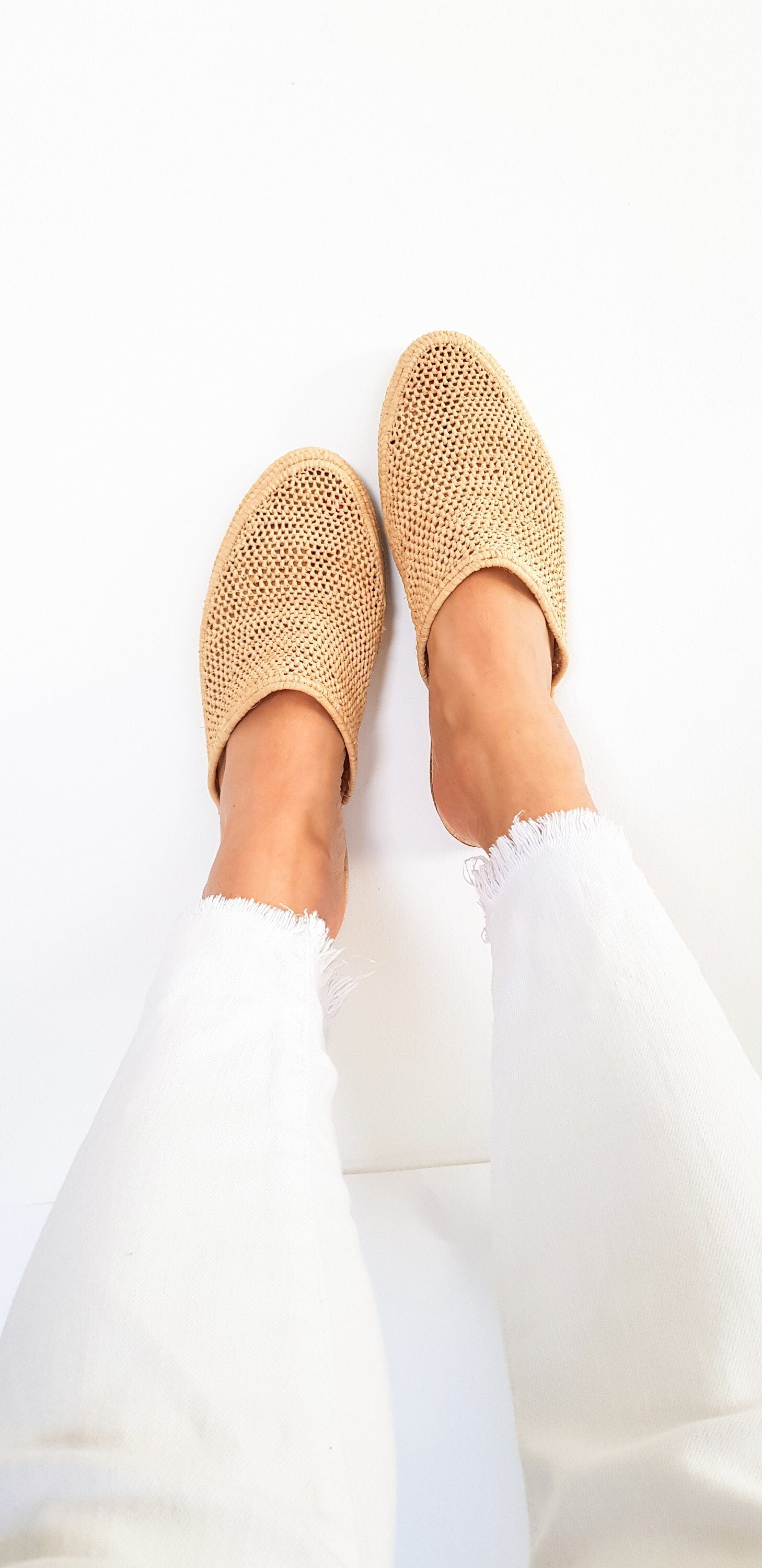 Raffia shoes handmade slippers summer mules shoes raphia flats babouch