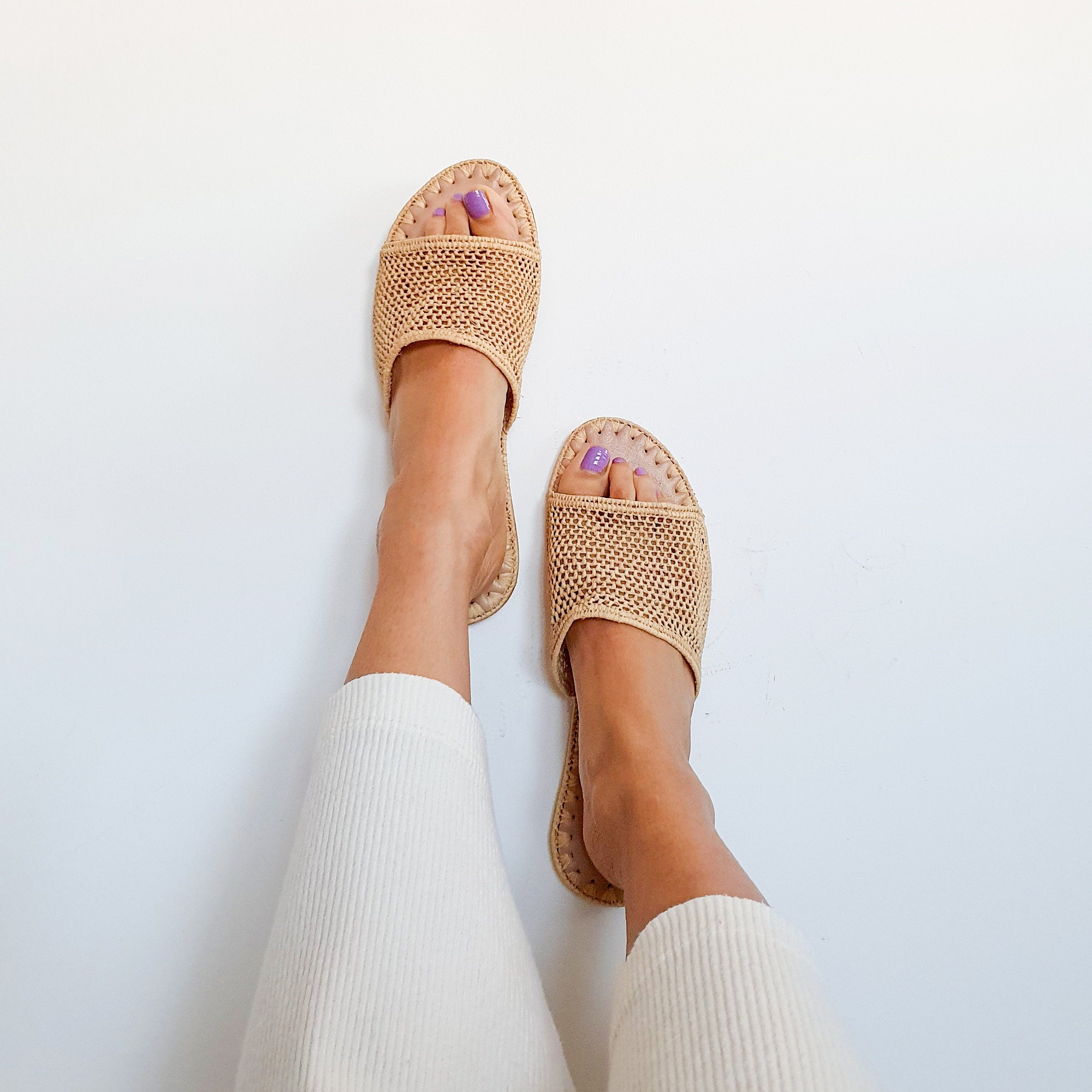 Raffia shoes handmade sandals summer mules shoes raphia flats babouch
