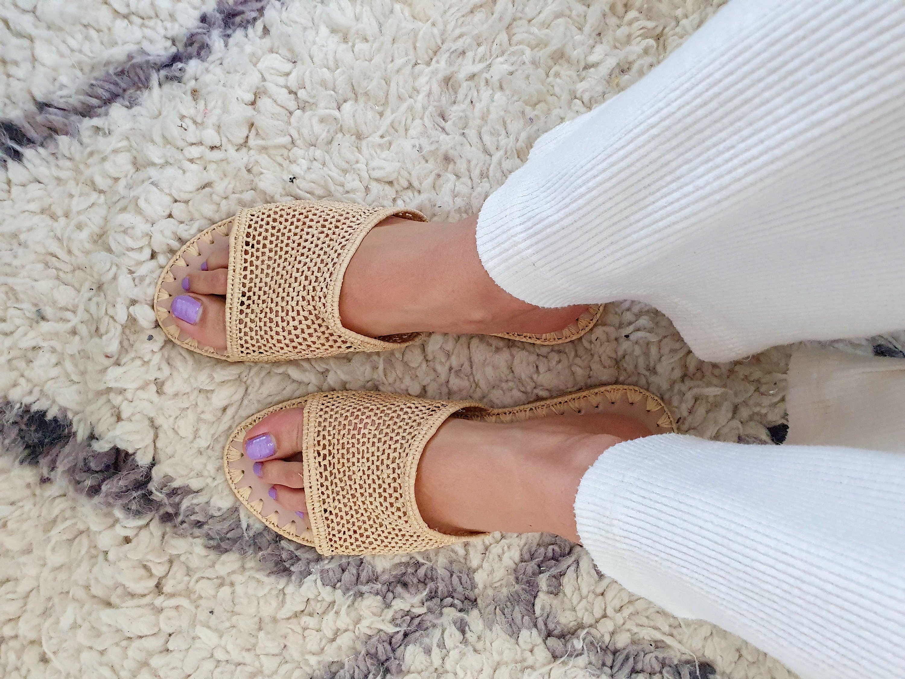 Raffia shoes handmade sandals summer mules shoes raphia flats babouch