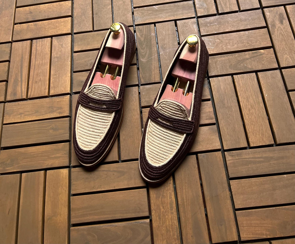 Handmade Two-Tone Raffia Loafers, Natural Leather Mens Moccasins, Beige Brown Woven Shoes