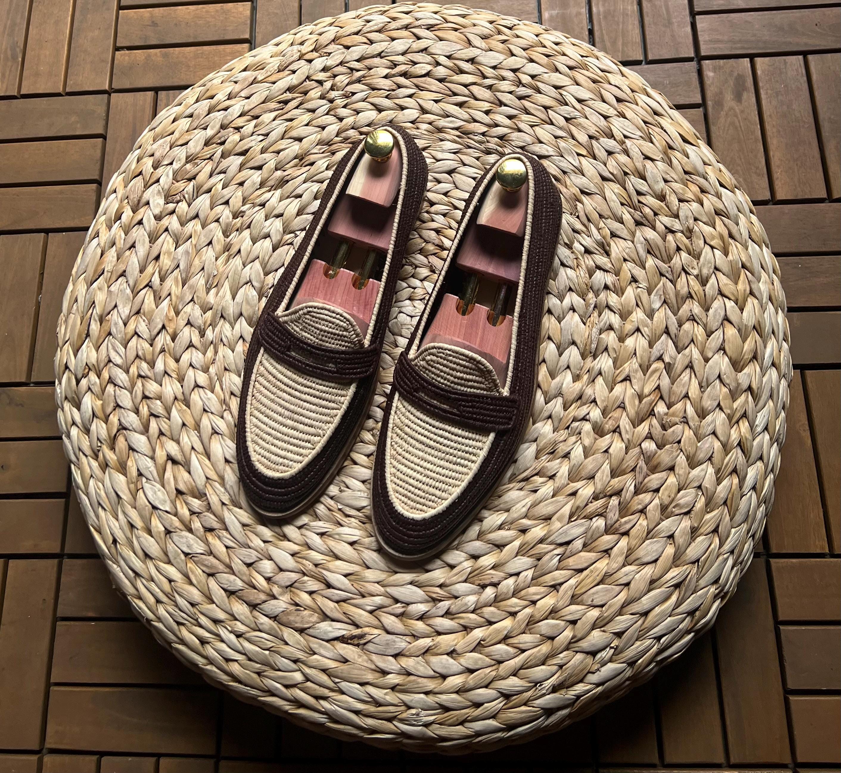 Handmade Two-Tone Raffia Loafers, Natural Leather Mens Moccasins, Beige Brown Woven Shoes