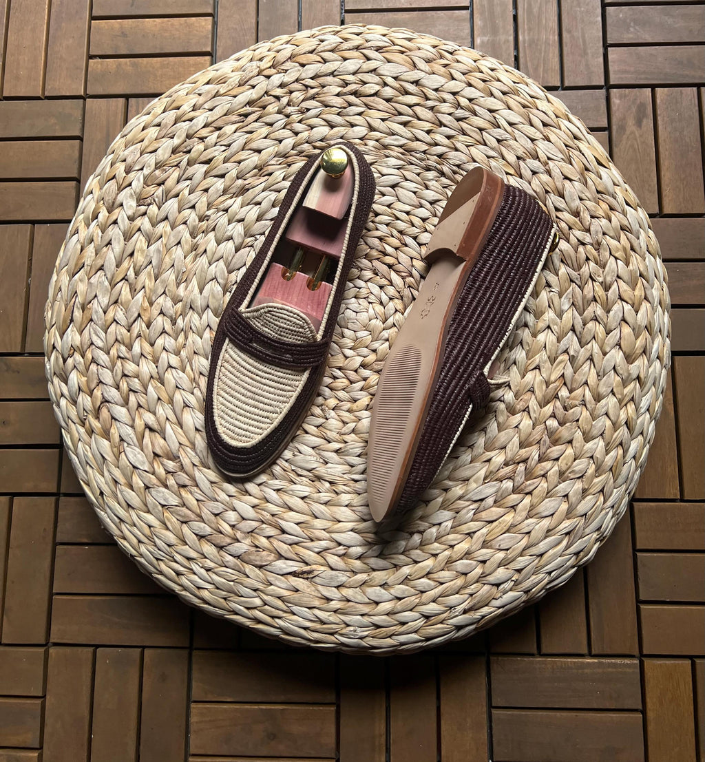 Handmade Two-Tone Raffia Loafers, Natural Leather Mens Moccasins, Beige Brown Woven Shoes