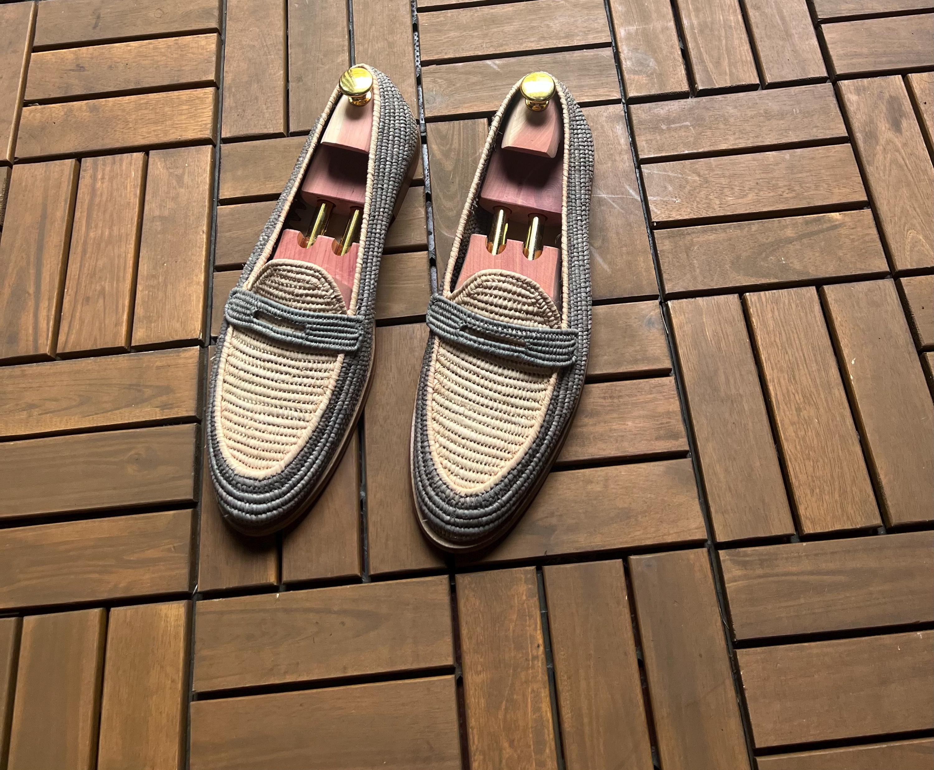 Handmade Two-Tone Raffia Loafers, Natural Leather Moccasins, Beige Grey Woven Shoes