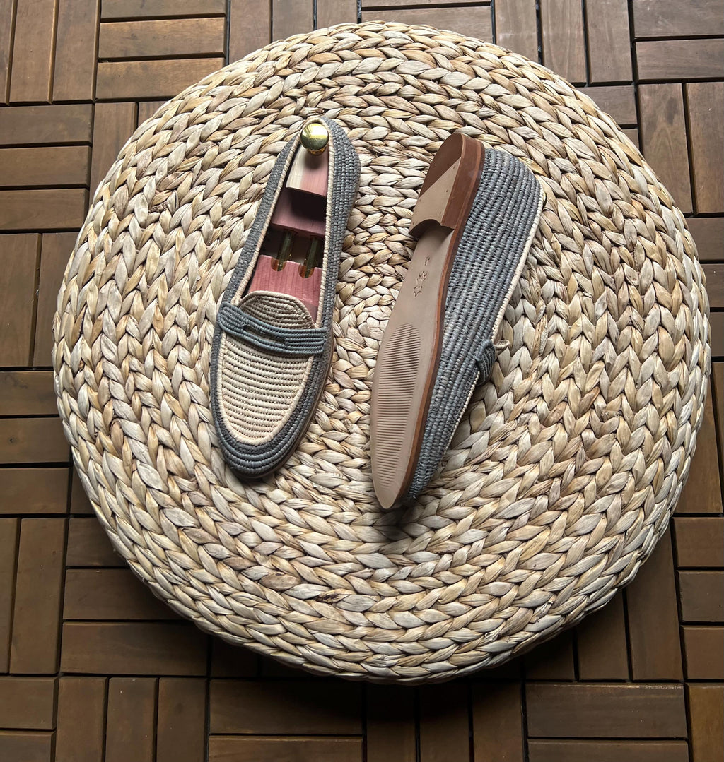 Handmade Two-Tone Raffia Loafers, Natural Leather Moccasins, Beige Grey Woven Shoes
