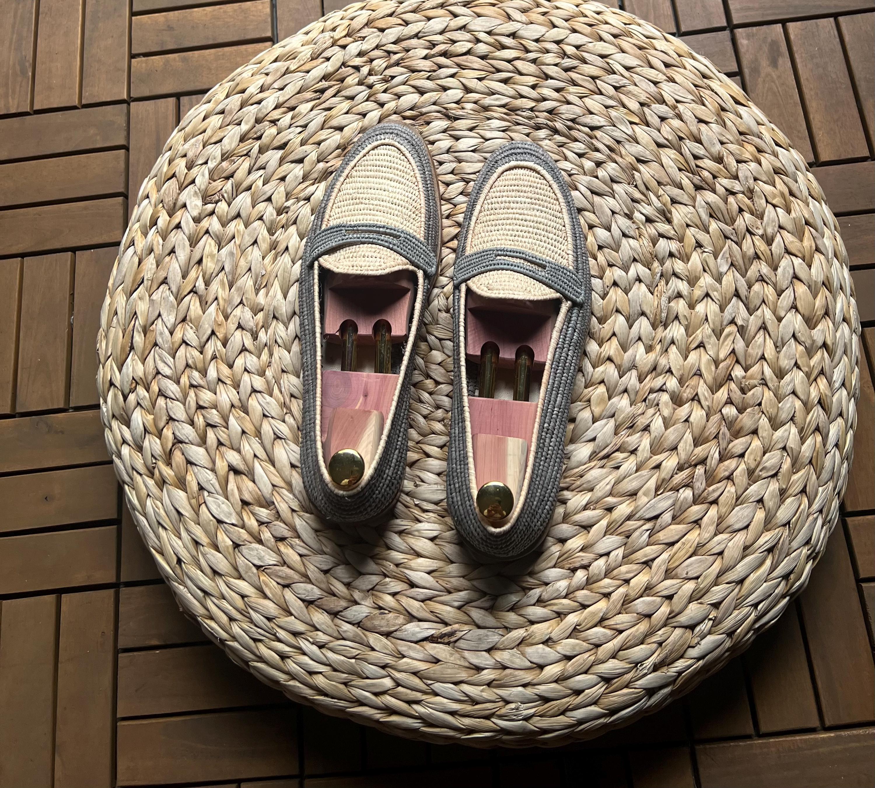 Handmade Two-Tone Raffia Loafers, Natural Leather Moccasins, Beige Grey Woven Shoes