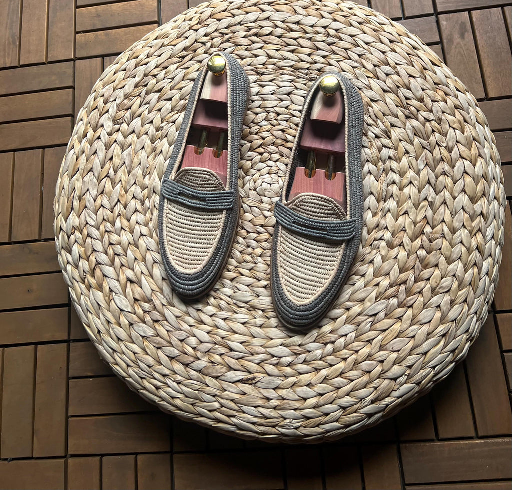 Handmade Two-Tone Raffia Loafers, Natural Leather Moccasins, Beige Grey Woven Shoes