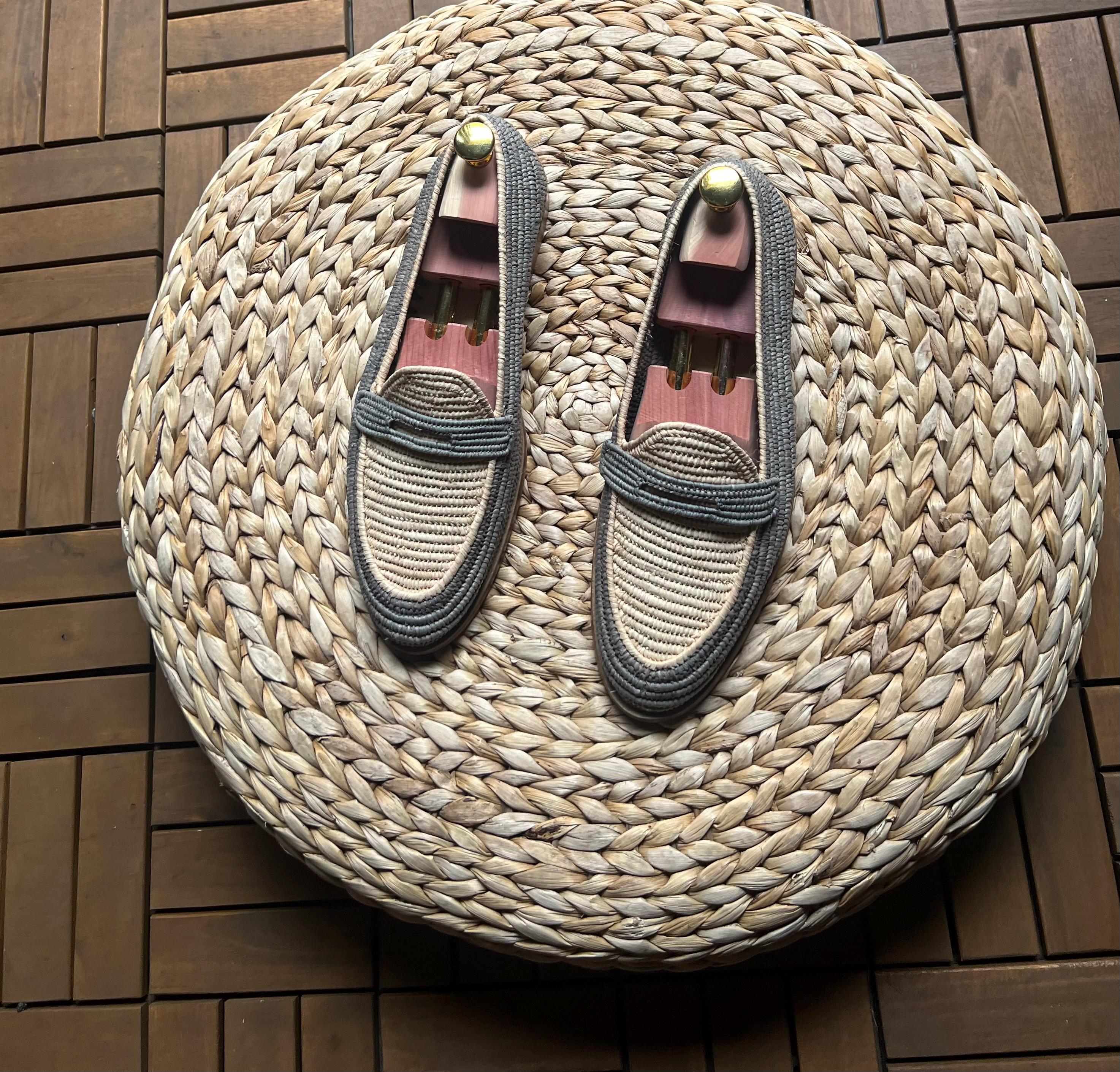 Handmade Two-Tone Raffia Loafers, Natural Leather Moccasins, Beige Grey Woven Shoes