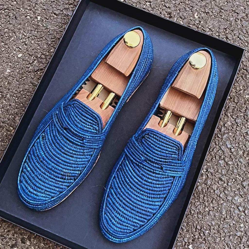 Handwoven Royal Blue Raffia Loafers – Artisanal Summer Moccasins, Breathable Straw Shoes