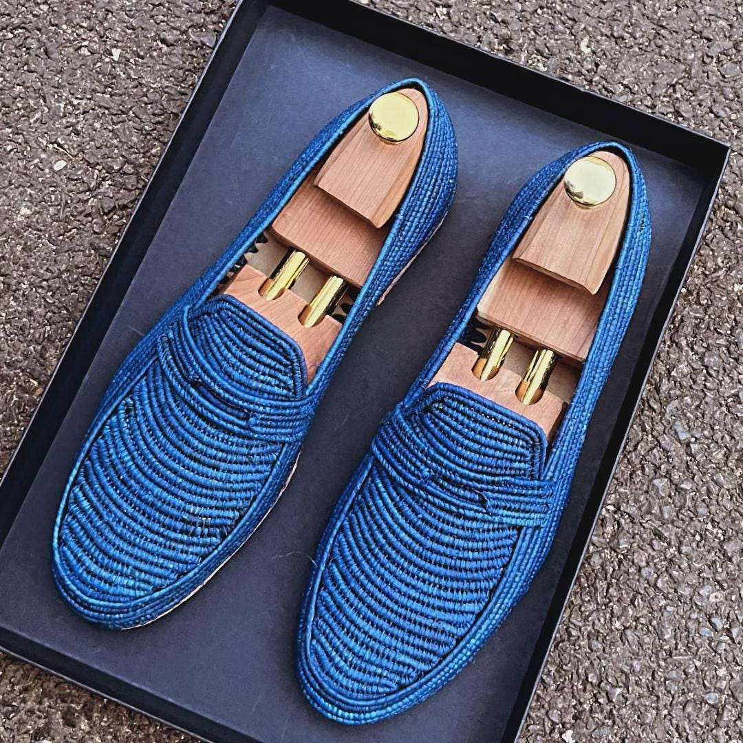 Handwoven Royal Blue Raffia Loafers – Artisanal Summer Moccasins, Breathable Straw Shoes