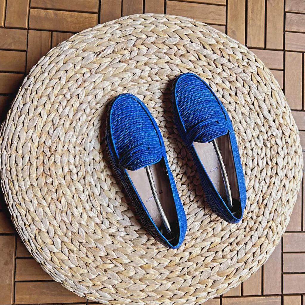 Handwoven Royal Blue Raffia Loafers – Artisanal Summer Moccasins, Breathable Straw Shoes