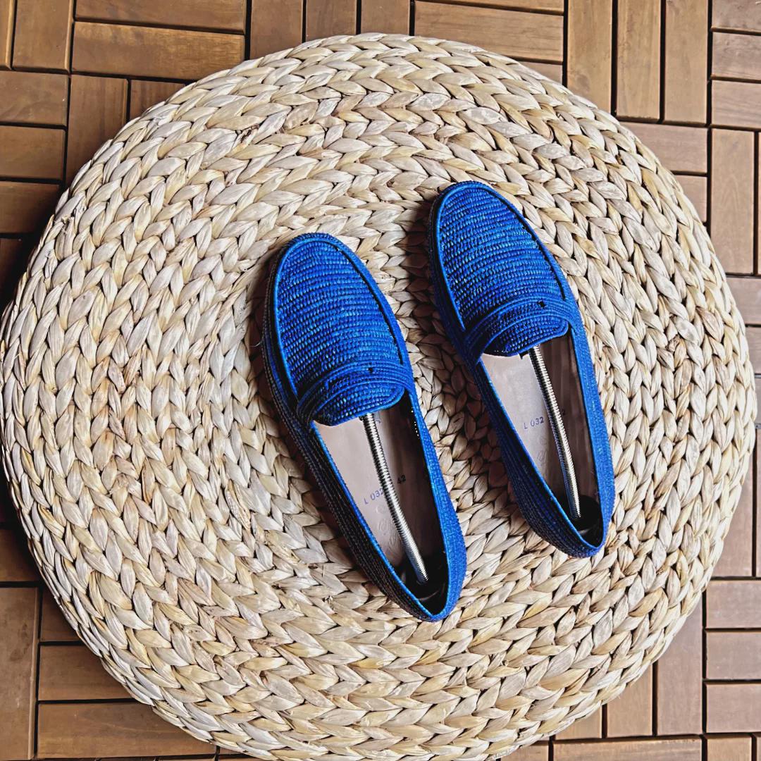 Handwoven Royal Blue Raffia Loafers – Artisanal Summer Moccasins, Breathable Straw Shoes