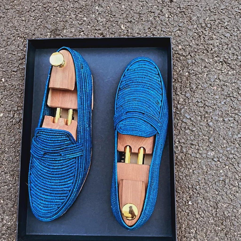 Handwoven Royal Blue Raffia Loafers – Artisanal Summer Moccasins, Breathable Straw Shoes