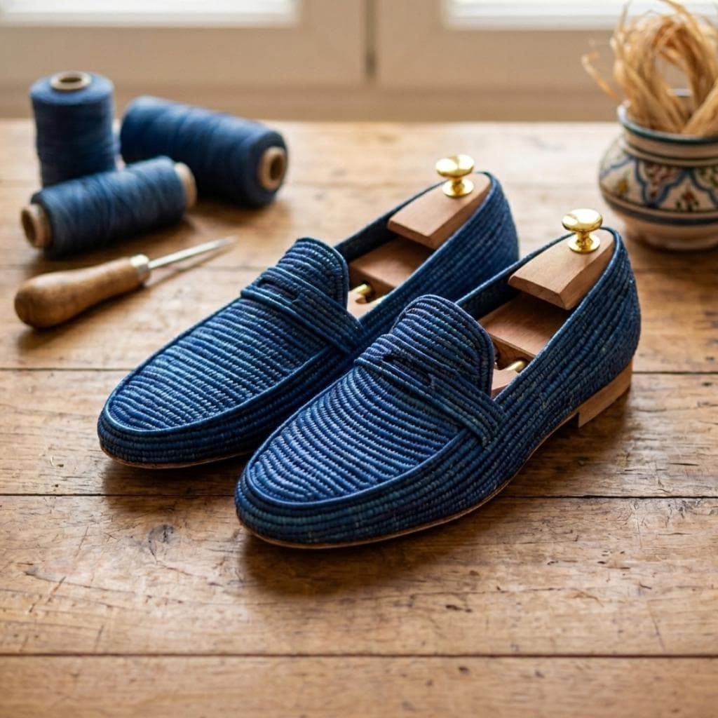 Handwoven Royal Blue Raffia Loafers – Artisanal Summer Moccasins, Breathable Straw Shoes