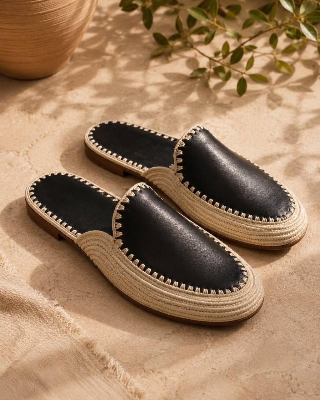 Hand-stitched Black Leather Raffia Mules, Men's Backless Summer Slides