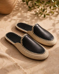 Hand-stitched Black Leather Raffia Mules, Men's Backless Summer Slides