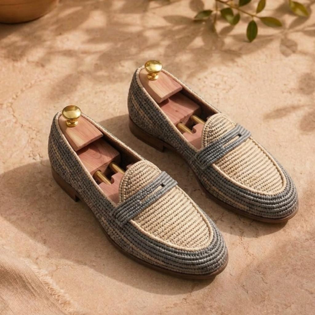 Handmade Two-Tone Raffia Loafers, Natural Leather Moccasins, Beige Grey Woven Shoes