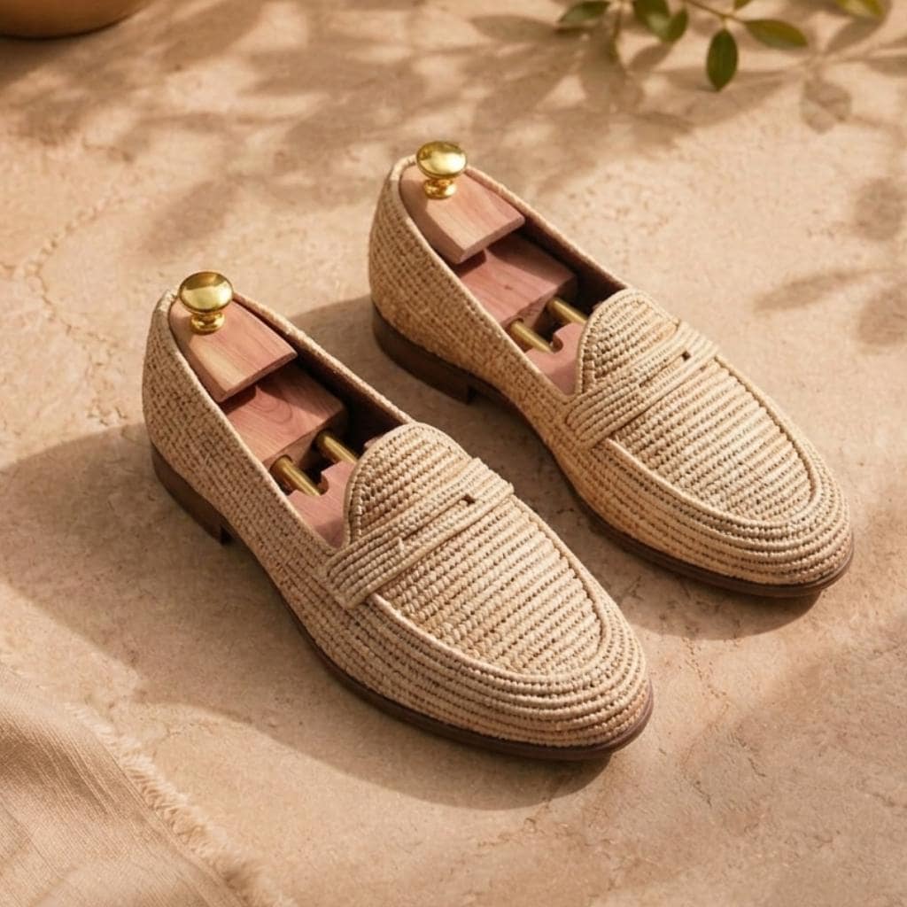 Handmade Raffia Loafers, Luxury Mens Moccasins, Woven Summer Shoes Craftsmanship