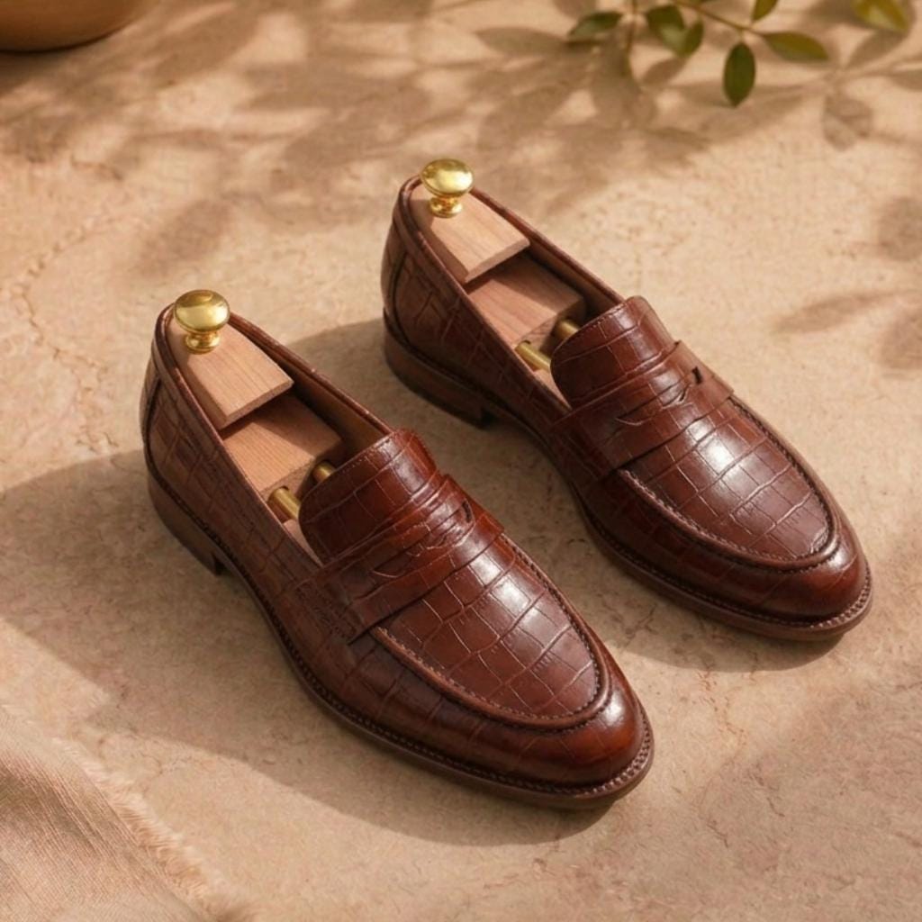 Men's Crocodile-Embossed Leather Penny Loafers, Brown Slip-On Dress Shoes
