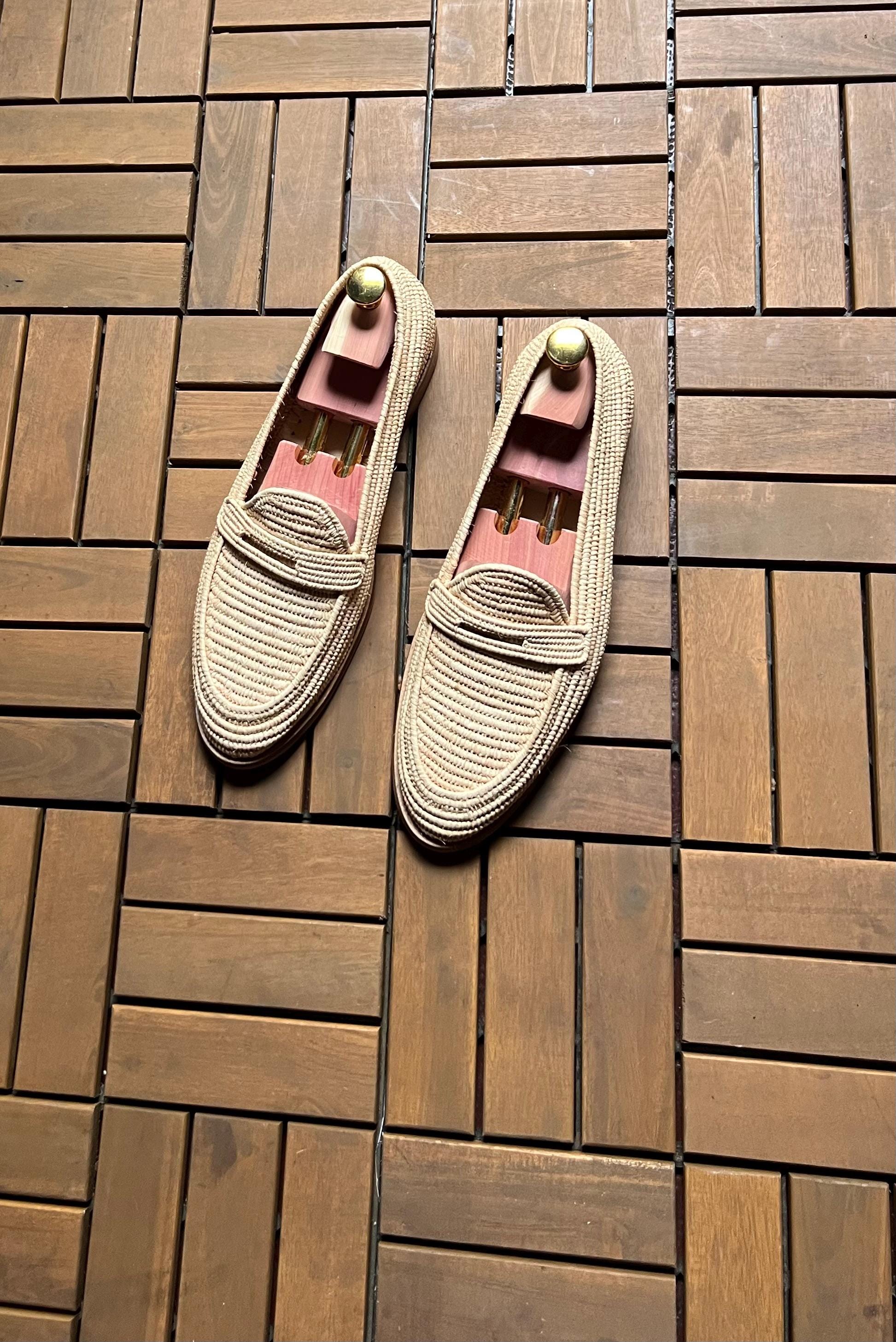 Handmade Raffia Loafers, Luxury Mens Moccasins, Woven Summer Shoes Craftsmanship