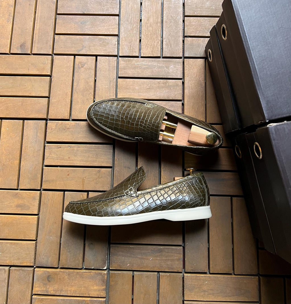 Olive Green Croc-Print Leather Loafers – Handcrafted Penny Style with Sport Sole