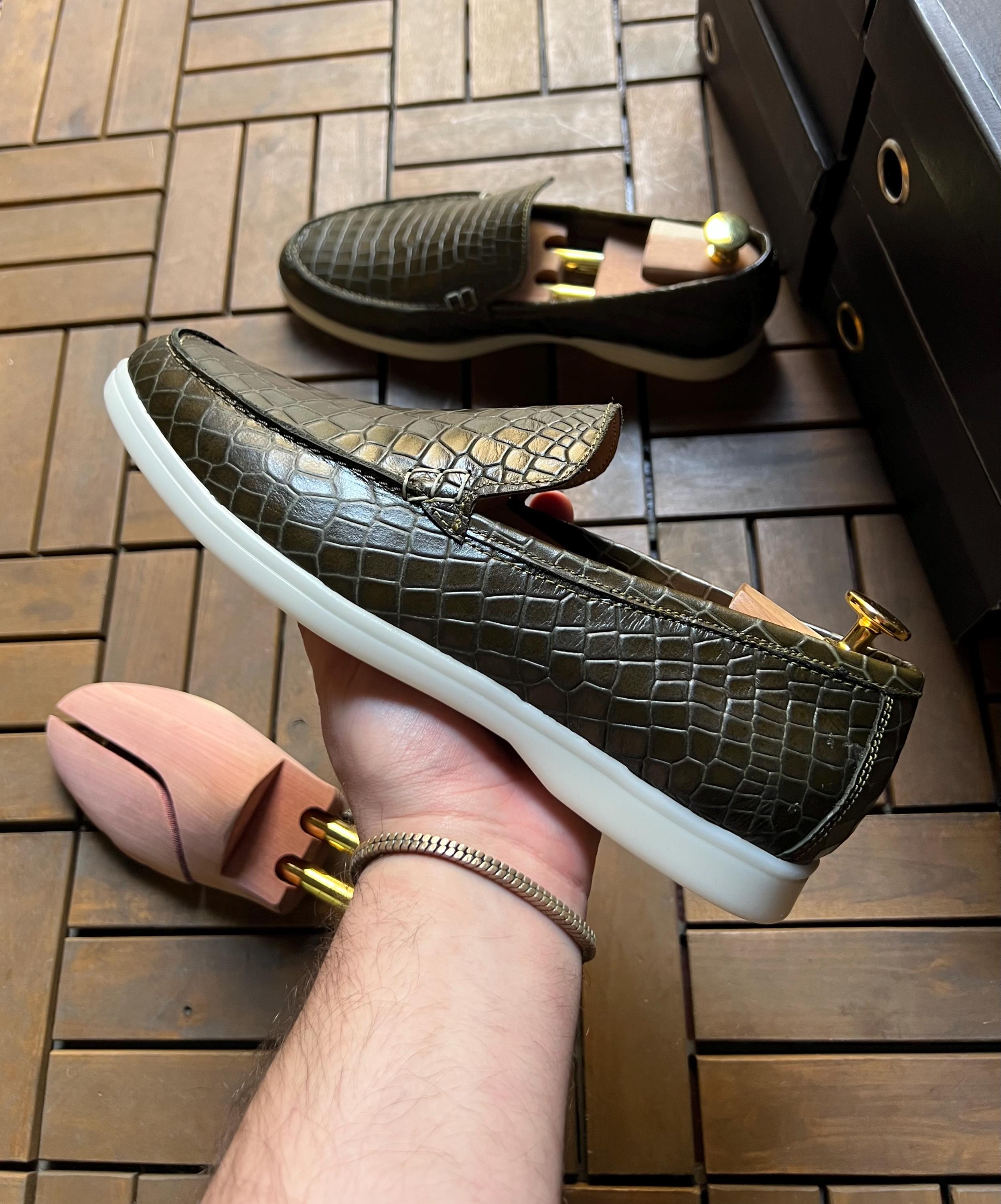 Olive Green Croc-Print Leather Loafers – Handcrafted Penny Style with Sport Sole