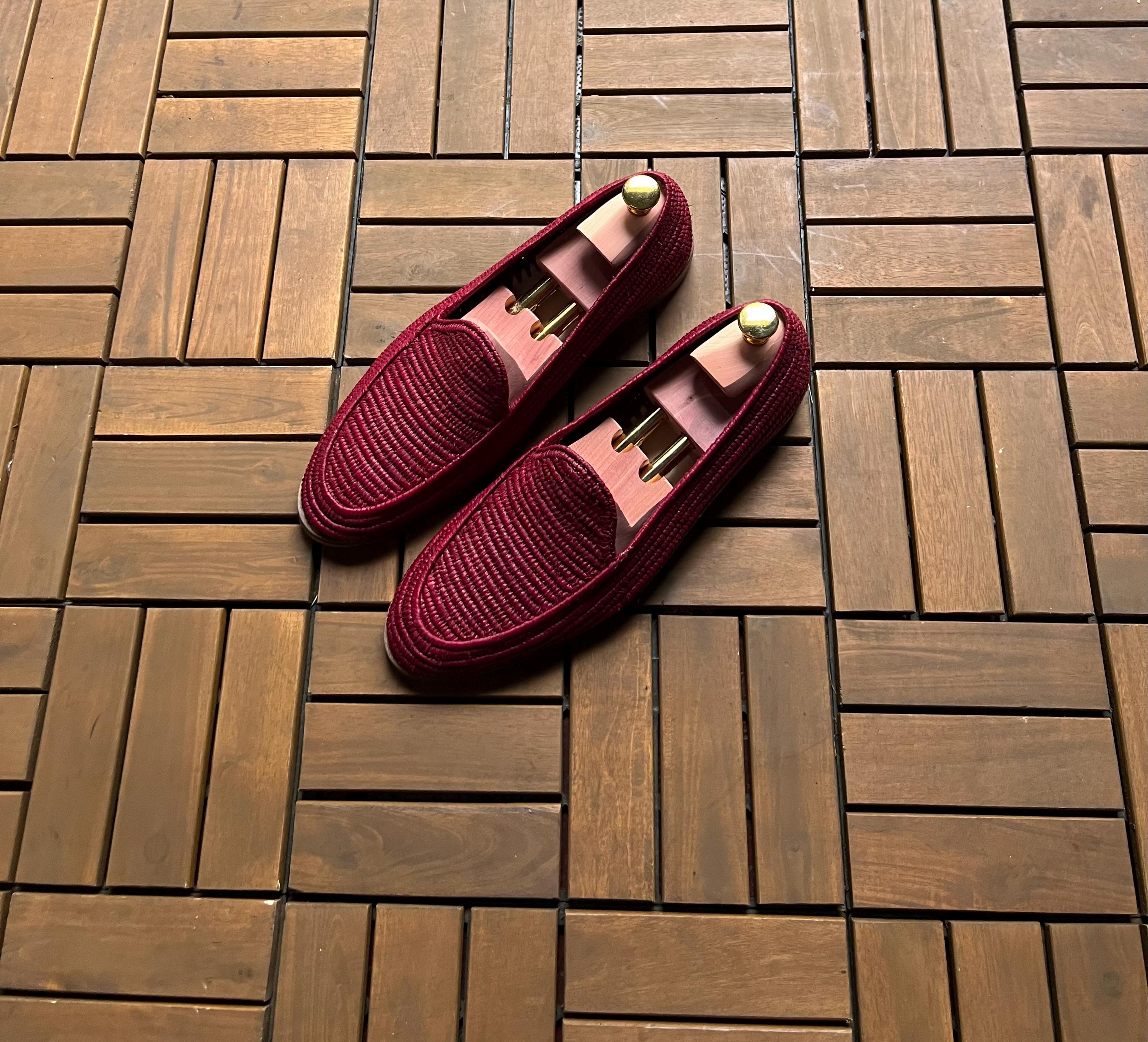 Handmade Burgundy Raffia Loafers, Natural Leather Mens Moccasins, Woven Summer Slip Ons