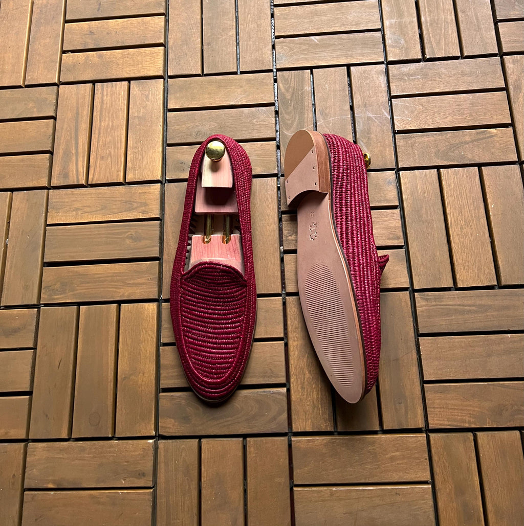 Handmade Burgundy Raffia Loafers, Natural Leather Mens Moccasins, Woven Summer Slip Ons