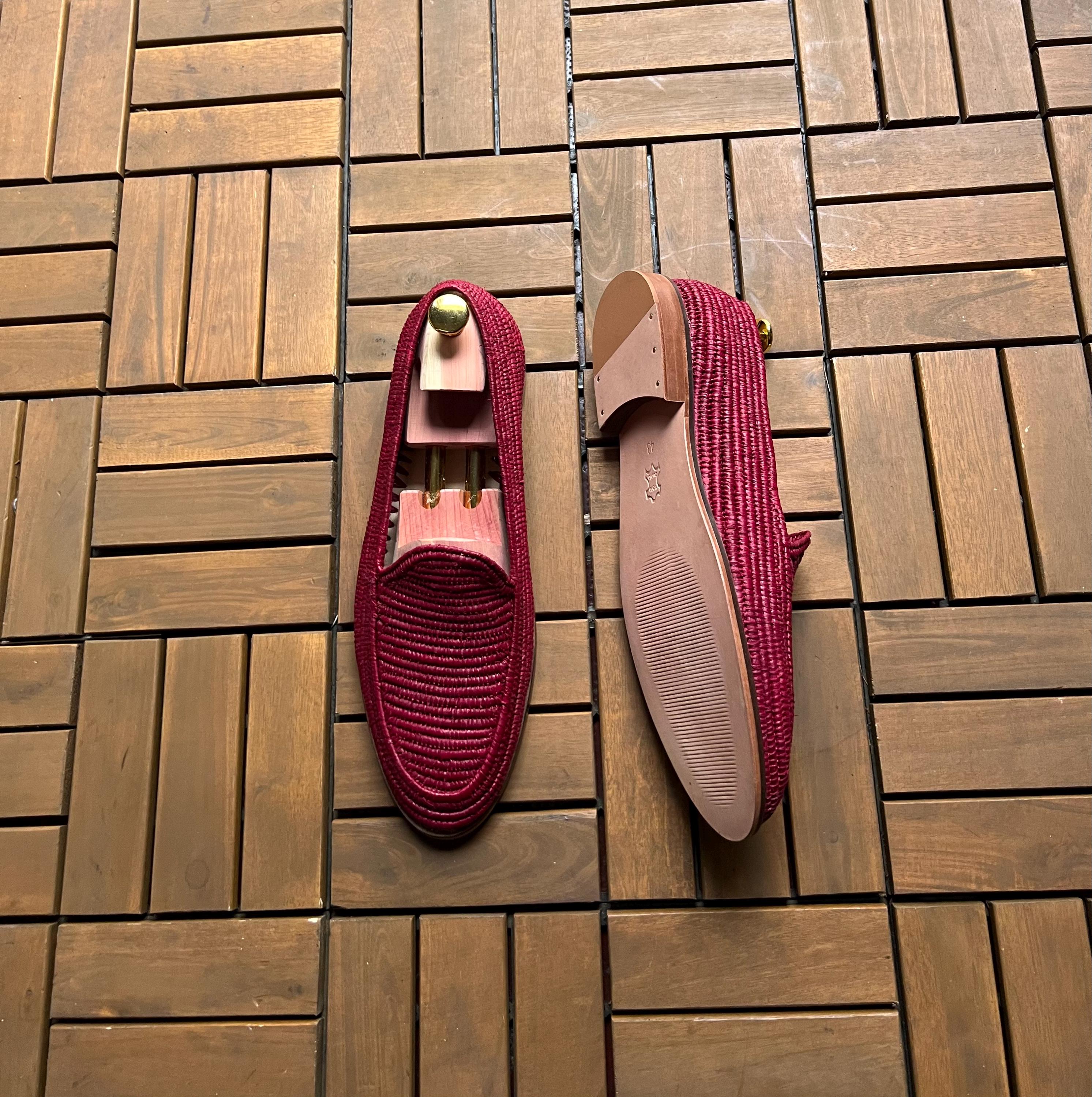 Handmade Burgundy Raffia Loafers, Natural Leather Mens Moccasins, Woven Summer Slip Ons