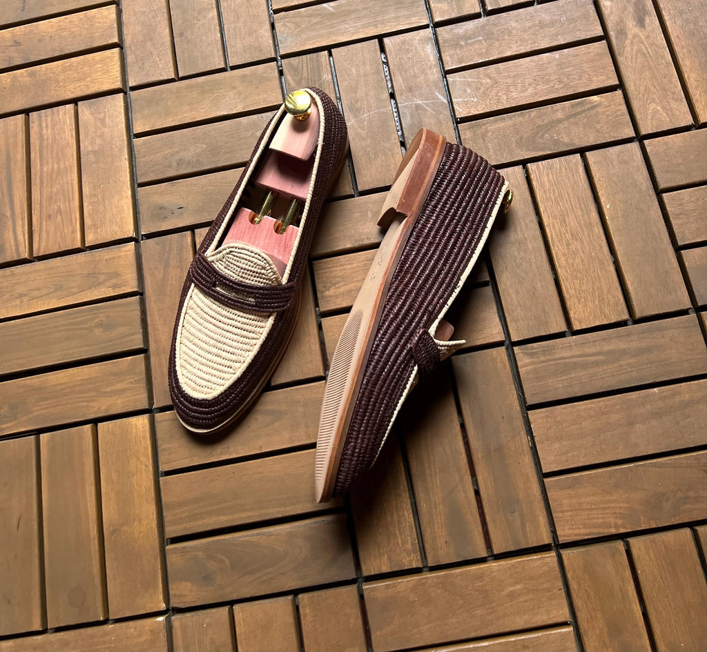 Handmade Two-Tone Raffia Loafers, Natural Leather Mens Moccasins, Beige Brown Woven Shoes