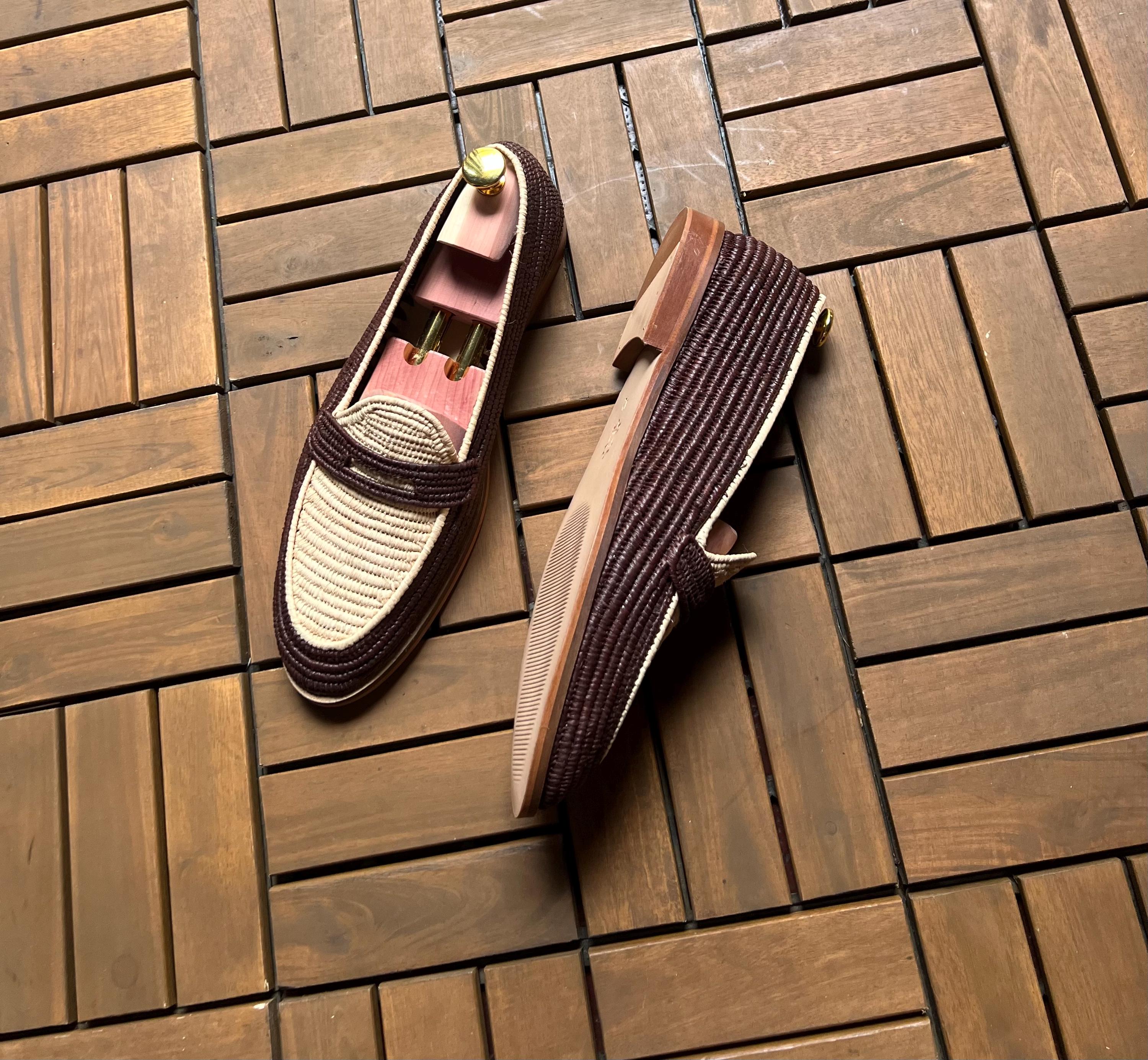 Handmade Two-Tone Raffia Loafers, Natural Leather Mens Moccasins, Beige Brown Woven Shoes