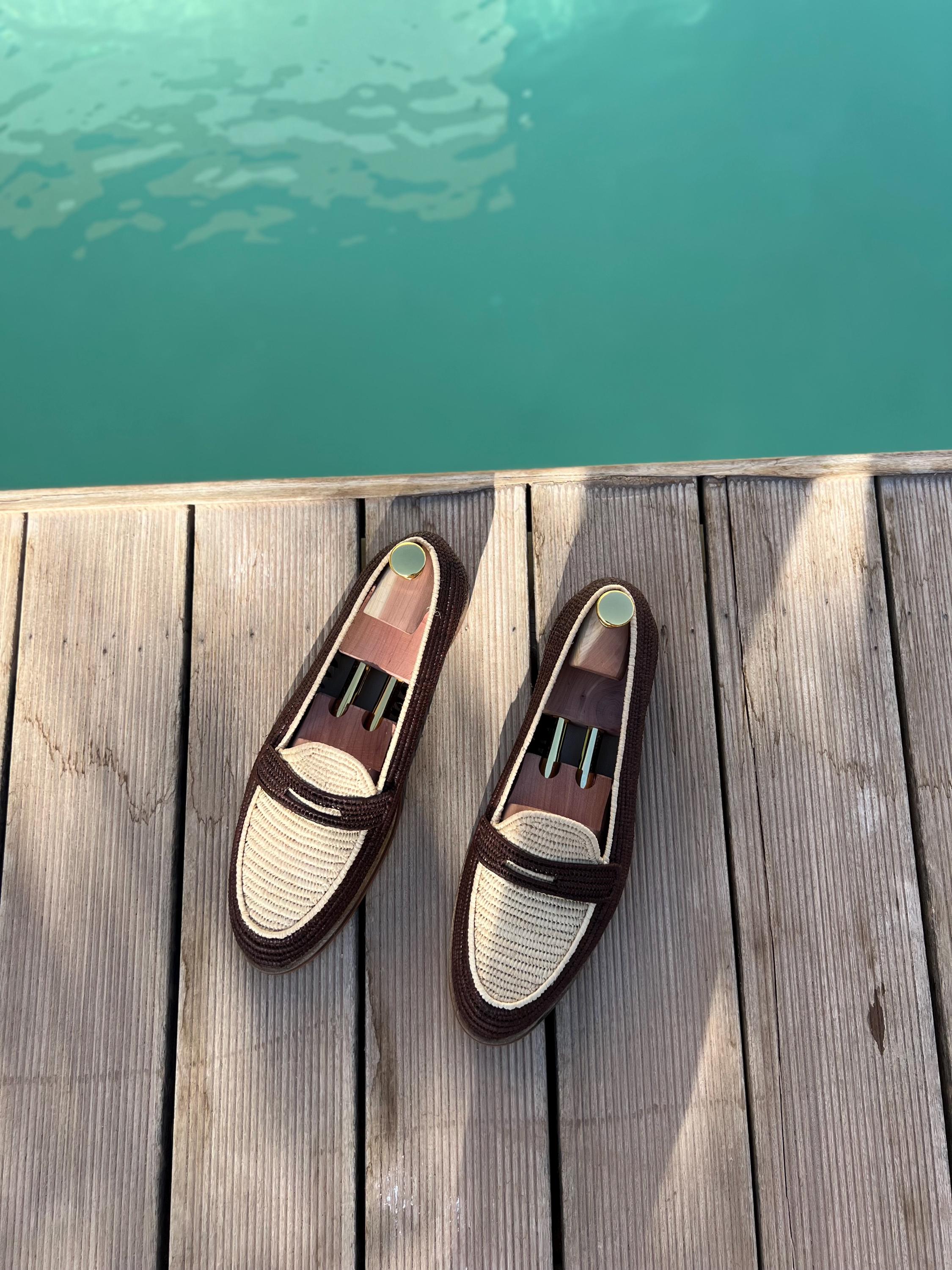 Handmade Two-Tone Raffia Loafers, Natural Leather Mens Moccasins, Beige Brown Woven Shoes