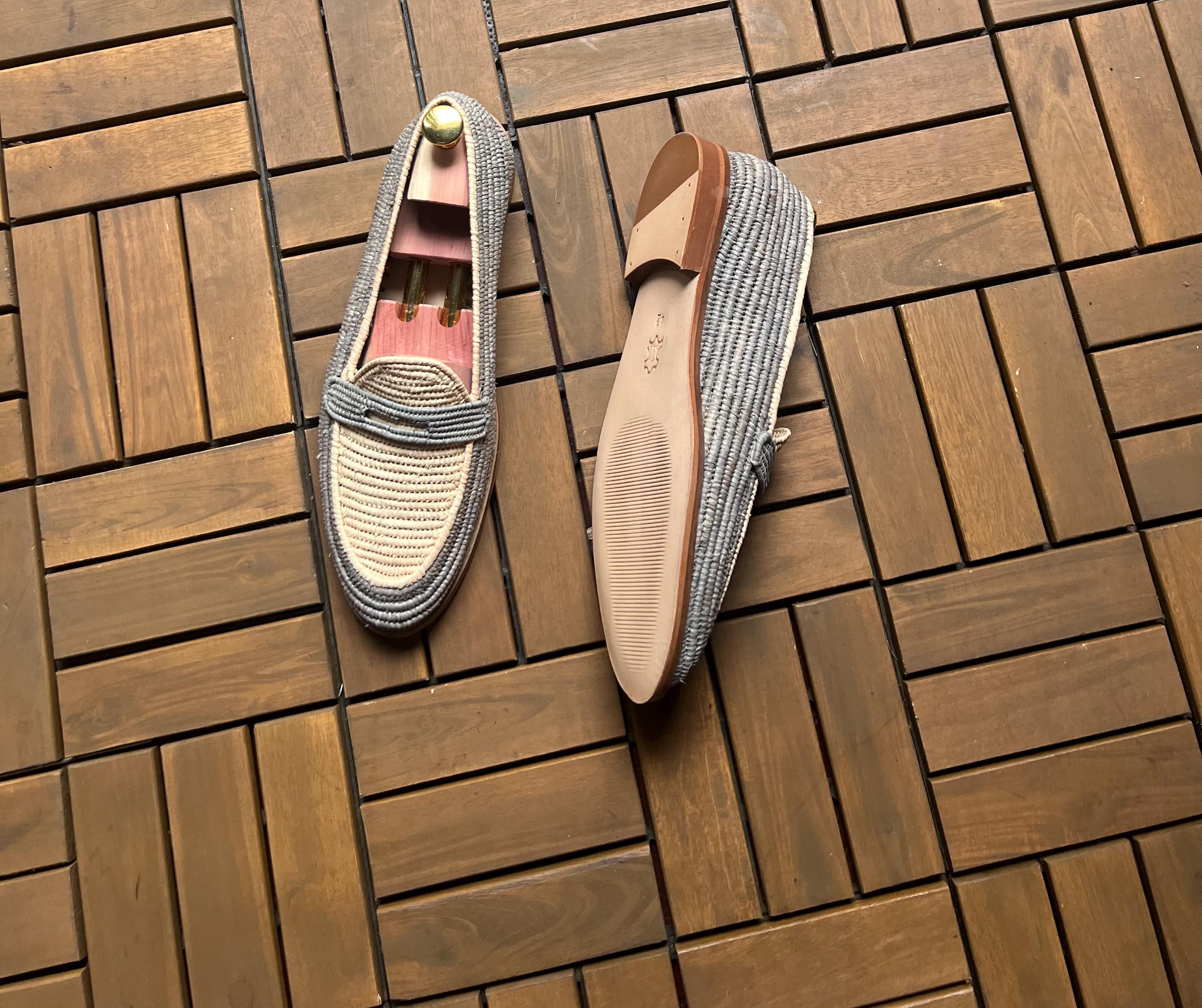 Handmade Two-Tone Raffia Loafers, Natural Leather Moccasins, Beige Grey Woven Shoes