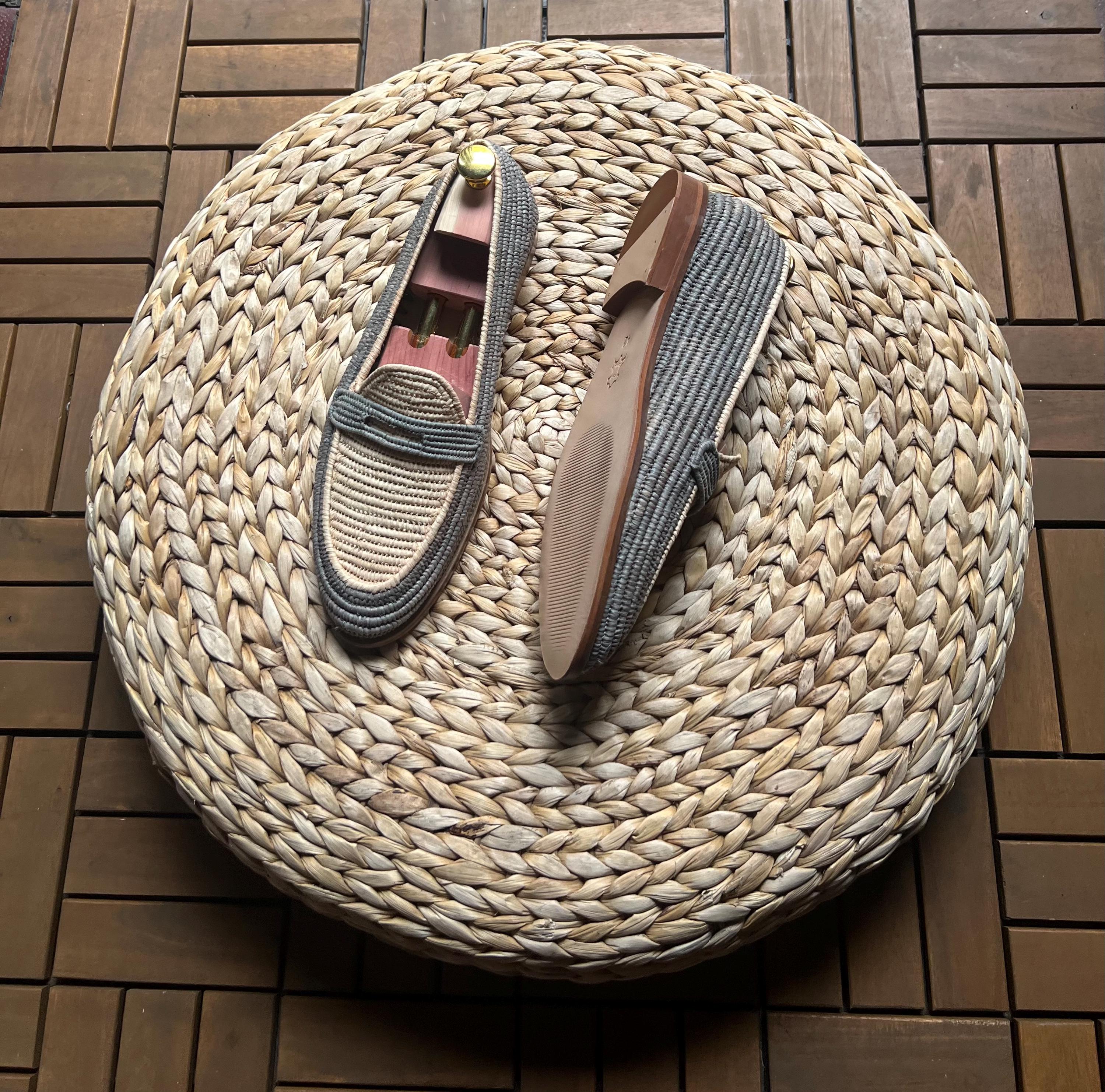Handmade Two-Tone Raffia Loafers, Natural Leather Moccasins, Beige Grey Woven Shoes
