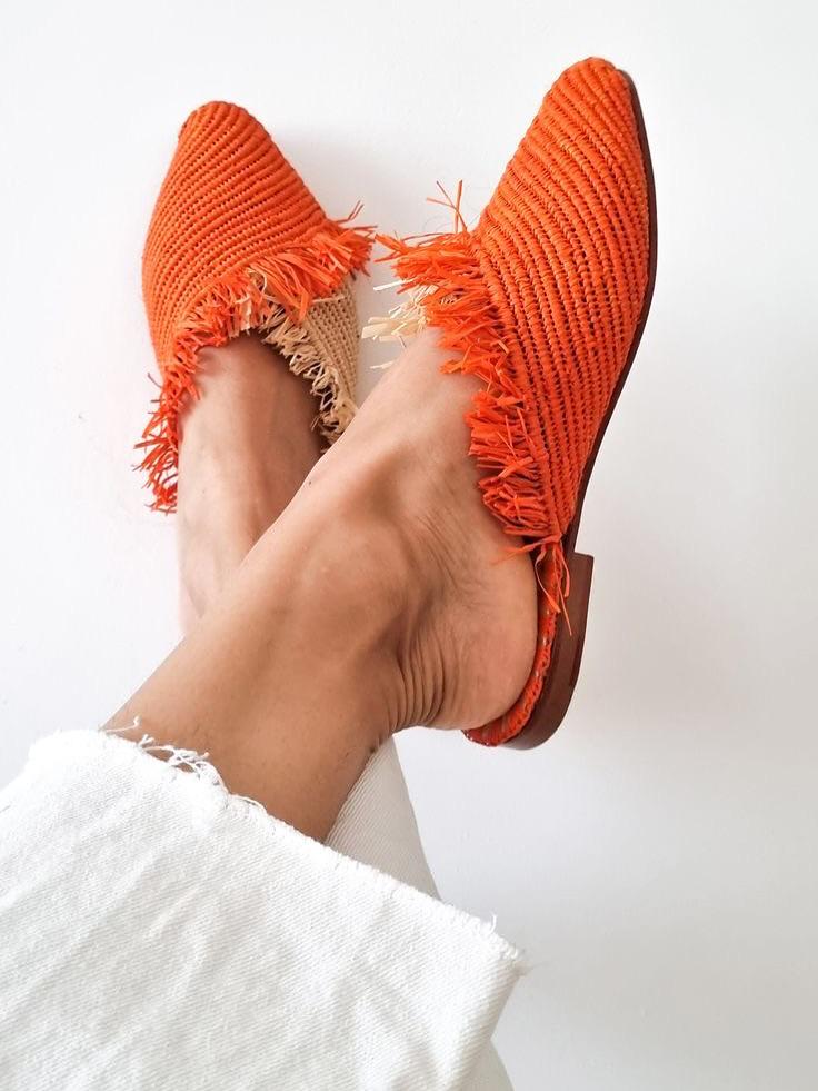 Handwoven Orange Raffia Mules, Pointed Toe Fringe Slides, Bohemian Summer Sandals
