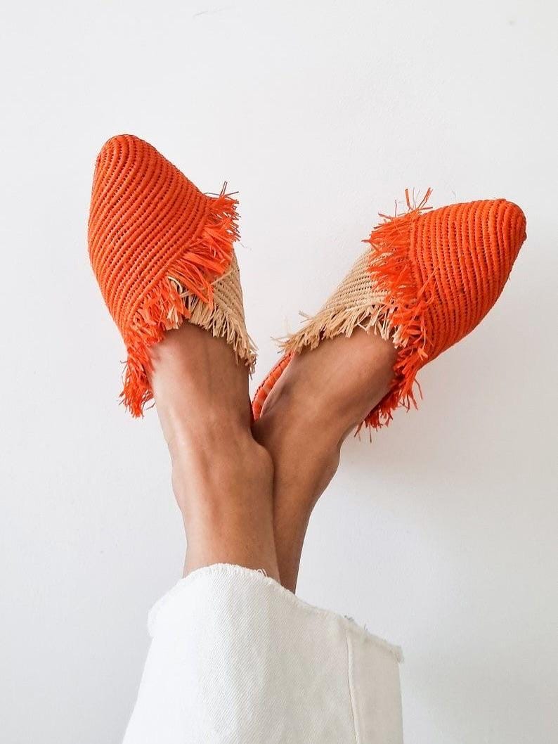 Handwoven Orange Raffia Mules, Pointed Toe Fringe Slides, Bohemian Summer Sandals
