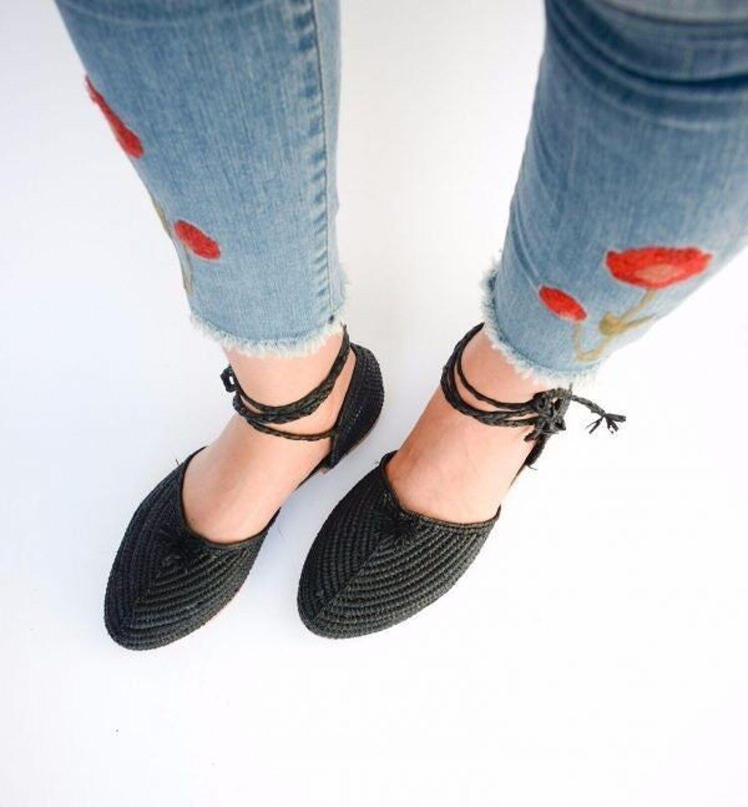 Black Raffia Flats, Handwoven Ankle Wrap Bohemian Summer Shoes