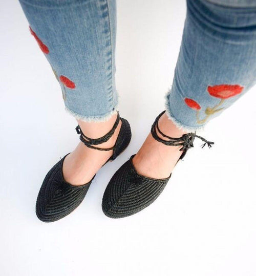 Black Raffia Flats, Handwoven Ankle Wrap Bohemian Summer Shoes