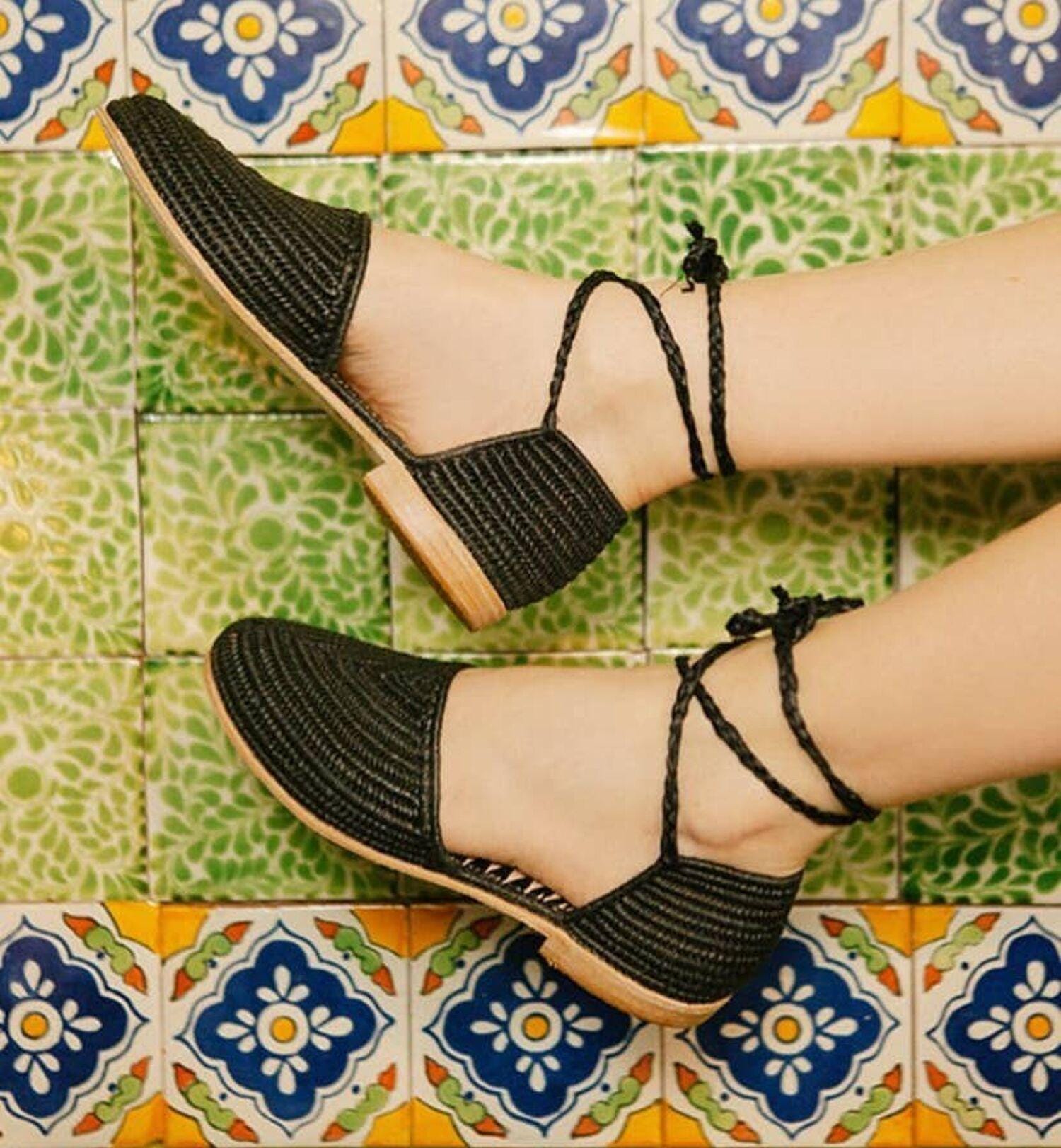 Black Raffia Flats, Handwoven Ankle Wrap Bohemian Summer Shoes