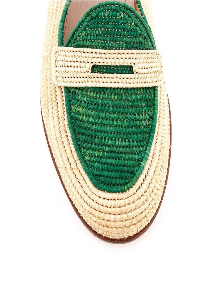 Handwoven Raffia Loafers, Emerald Green &amp; Natural Two-Tone, Summer Slip On Shoes