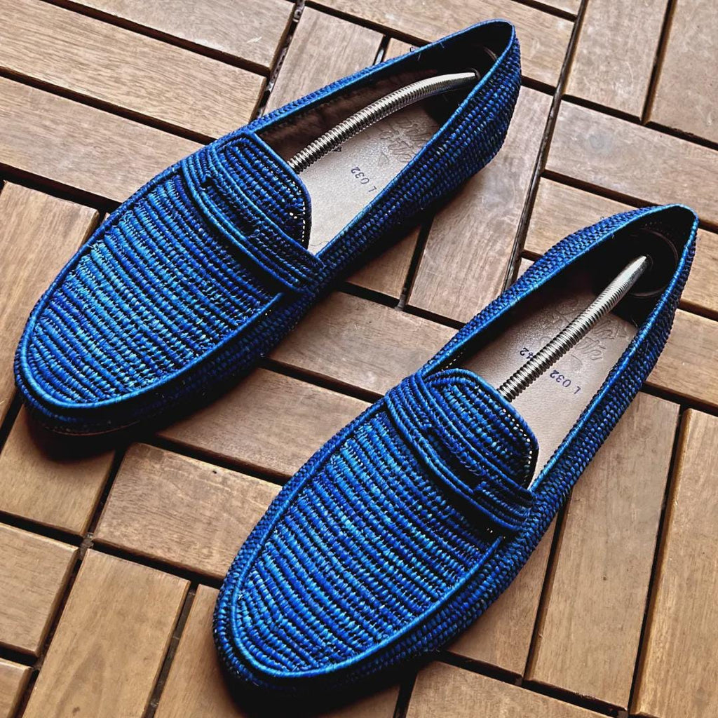 Handwoven Royal Blue Raffia Loafers – Artisanal Summer Moccasins, Breathable Straw Shoes