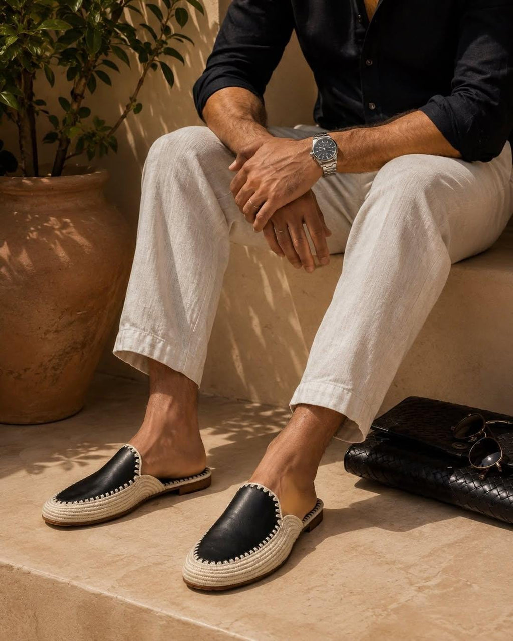 Hand-stitched Black Leather Raffia Mules, Men's Backless Summer Slides