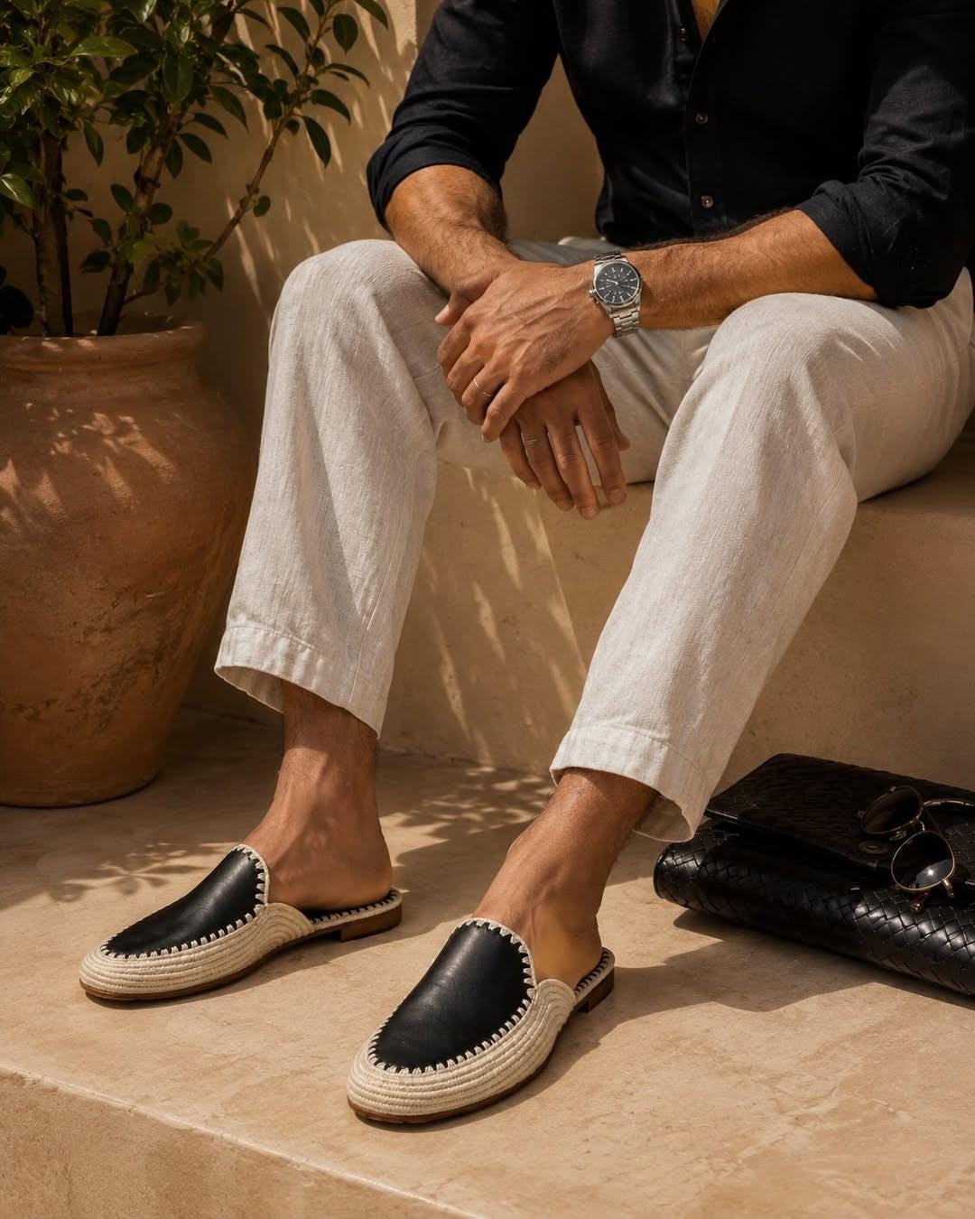 Hand-stitched Black Leather Raffia Mules, Men's Backless Summer Slides