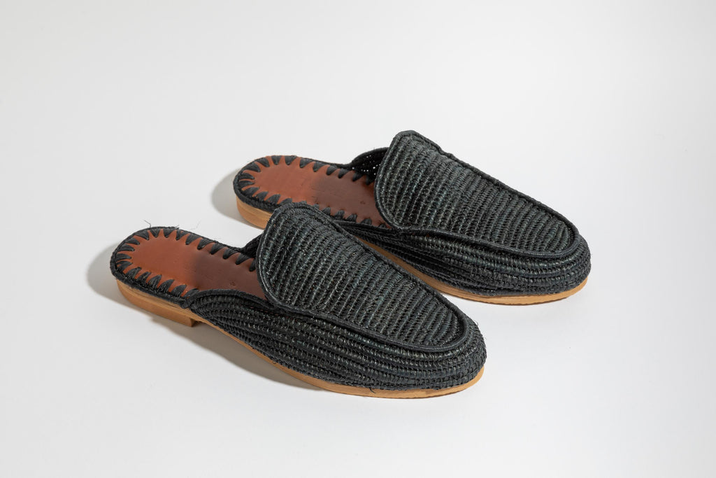 Men's Handmade Raffia Sandals, Black Woven Straw Mules, Luxury Resort Loafers, Natural Raffia Slip-On Shoes, Gift for Him