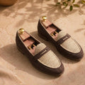 Handmade Two-Tone Raffia Loafers, Natural Leather Mens Moccasins, Beige Brown Woven Shoes