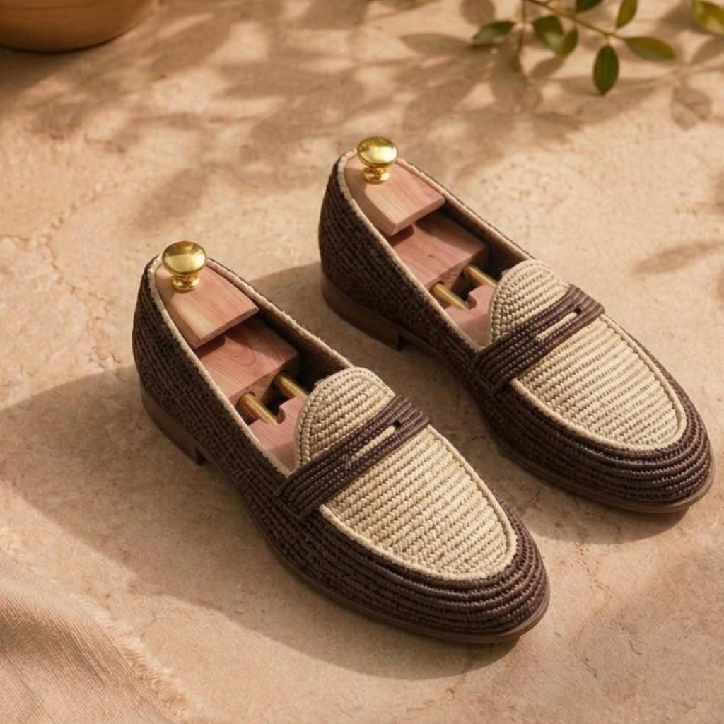 Handmade Two-Tone Raffia Loafers, Natural Leather Mens Moccasins, Beige Brown Woven Shoes
