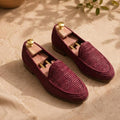 Handmade Burgundy Raffia Loafers, Natural Leather Mens Moccasins, Woven Summer Slip Ons