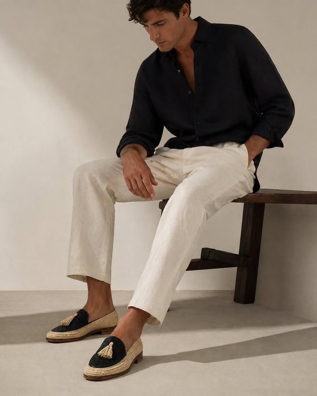 Handwoven Raffia Loafers, Two-Tone Emerald Green, Natural Ivory Straw, Leather Sole Summer Flats