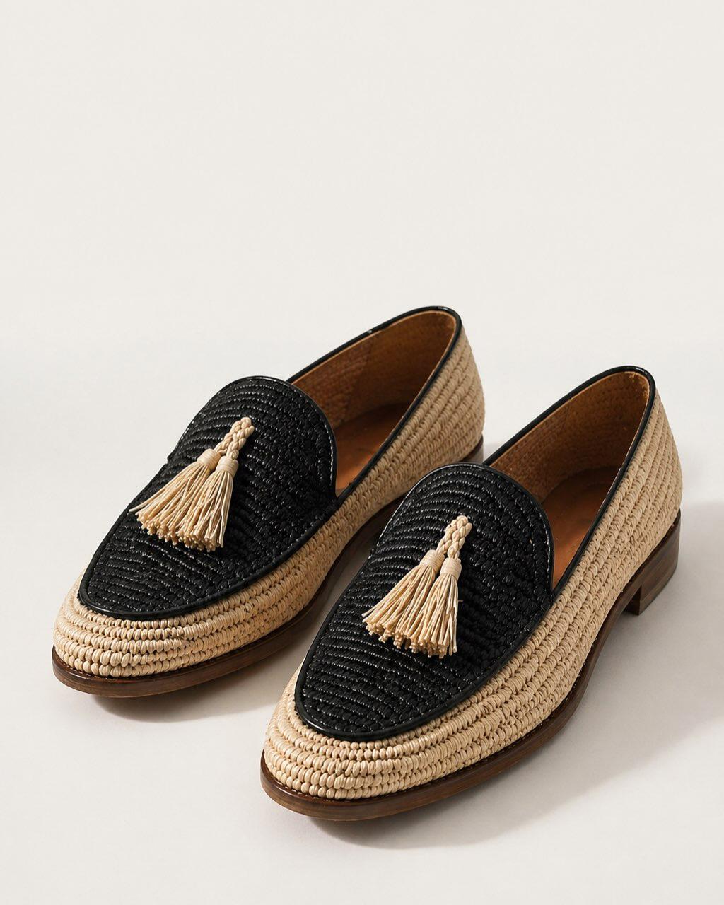 Handwoven Raffia Loafers, Two-Tone Emerald Green, Natural Ivory Straw, Leather Sole Summer Flats