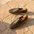 Olive Green Croc-Print Leather Loafers – Handcrafted Penny Style with Sport Sole