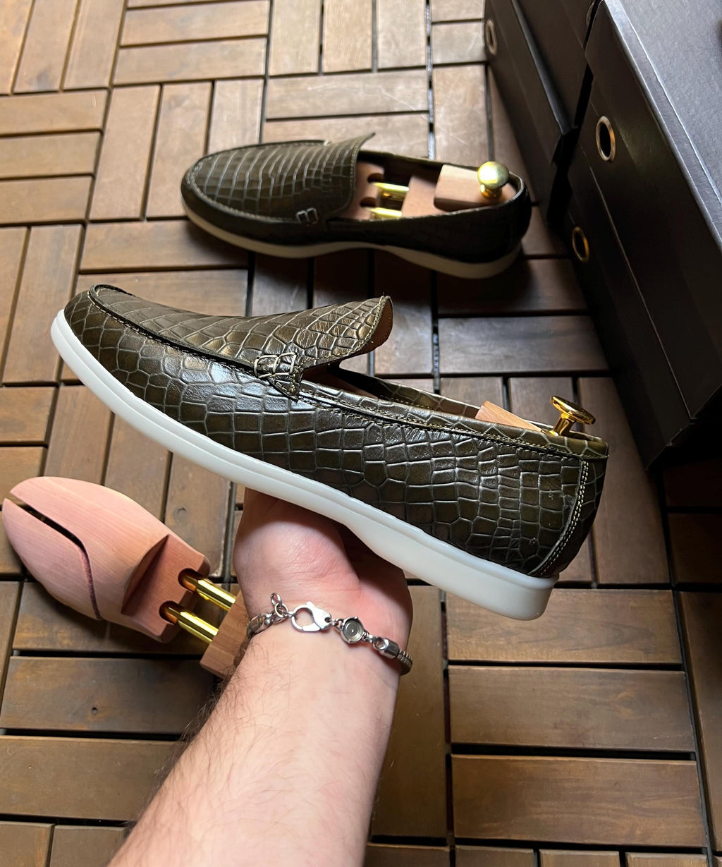 Olive Green Croc-Print Leather Loafers – Handcrafted Penny Style with Sport Sole